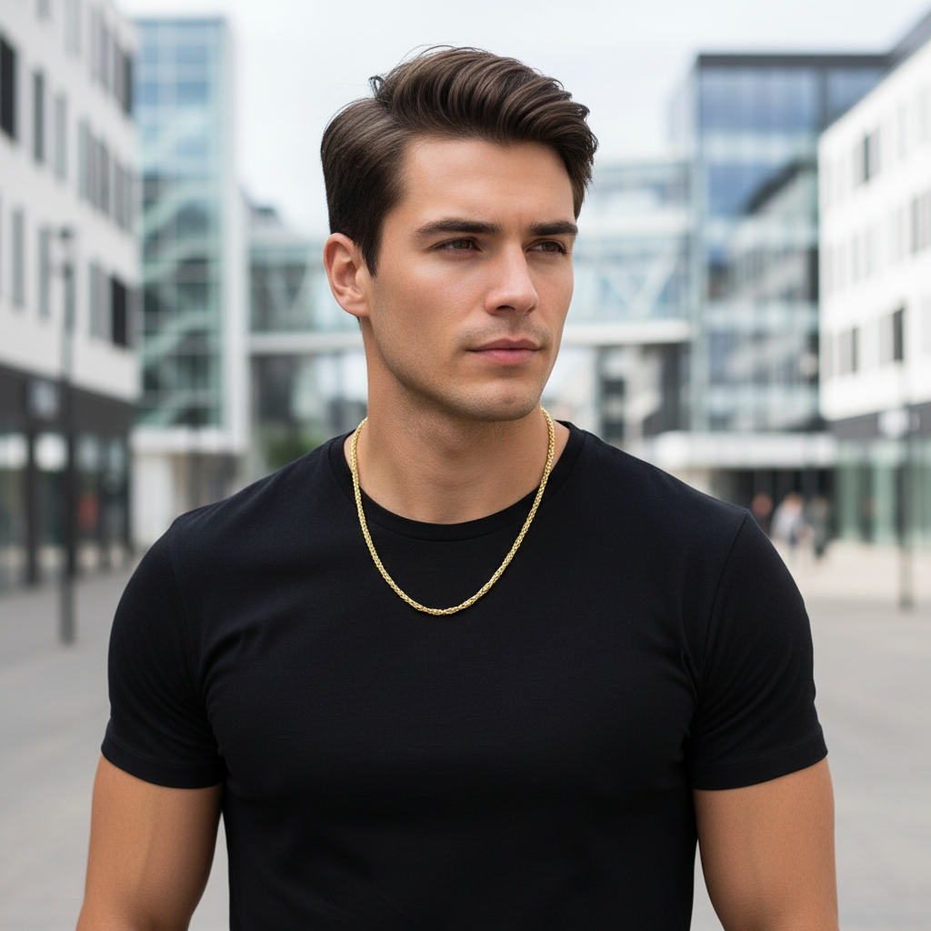 Close-up of male model wearing Imperium Byzantine Chain