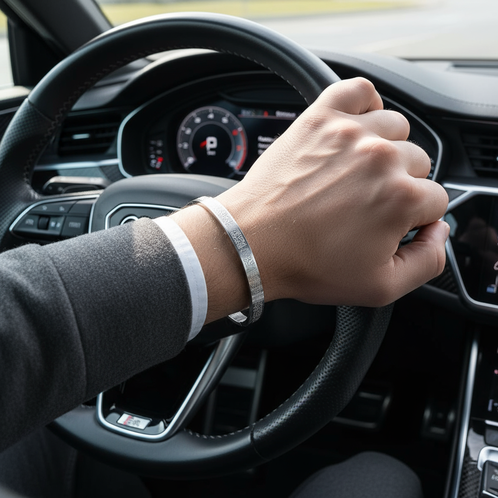 Man in Audi RS6 wearing Ayat al-Kursi Silver Bracelet
