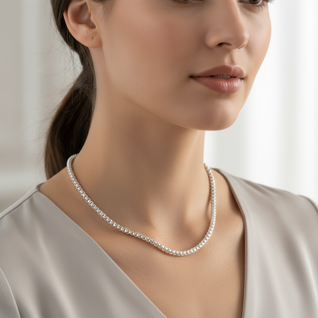 Éterna Silver Chain on woman - close-up