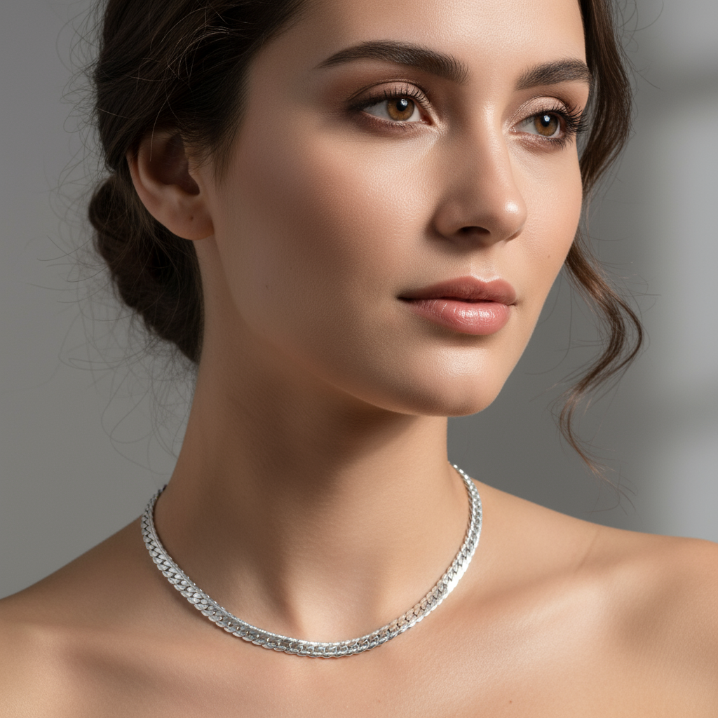 Valente Silver Chain on woman - close-up